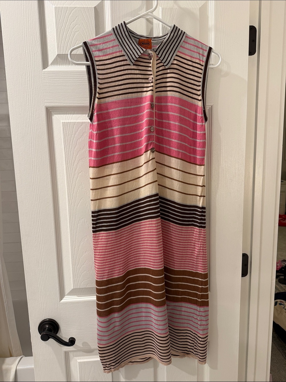 Missoni Vintage Sleeveless Striped Sill Knit Collared Dress - Pink & Brown